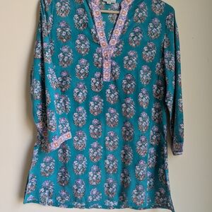 Blue and Pink 3/4 Sleeve Relaxed Tunic with Mandarin Collar